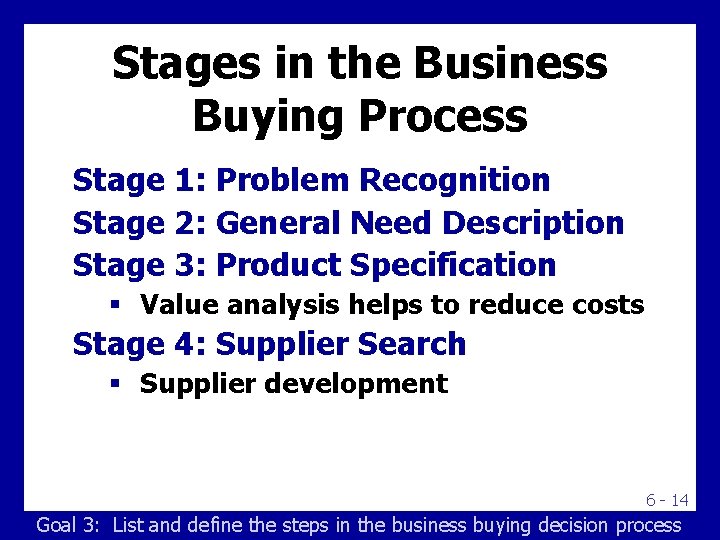 Stages in the Business Buying Process Stage 1: Problem Recognition Stage 2: General Need