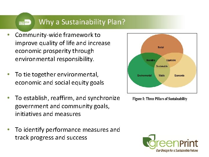 Why a Sustainability Plan? • Community-wide framework to improve quality of life and increase