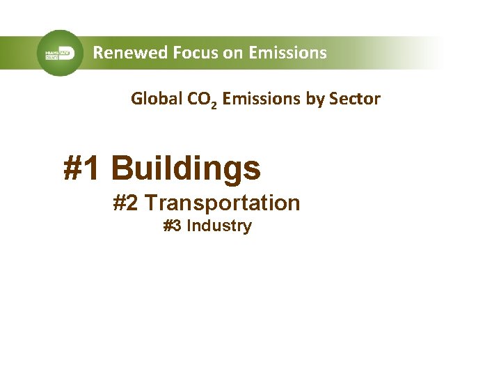 Renewed Focus on Emissions Global CO 2 Emissions by Sector #1 Buildings #2 Transportation