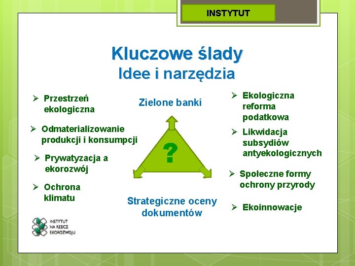 INSTYTUT Kluczowe ślady Idee i narzędzia Ø Przestrzeń ekologiczna Zielone banki Ø Odmaterializowanie produkcji