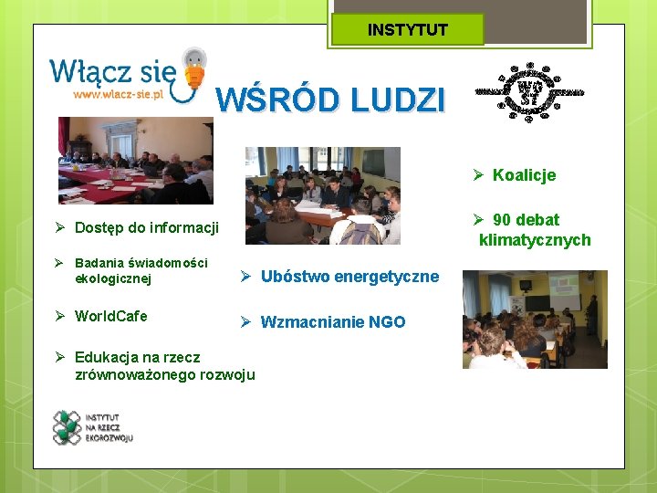 INSTYTUT WŚRÓD LUDZI Ø Koalicje Ø 90 debat klimatycznych Ø Dostęp do informacji Ø