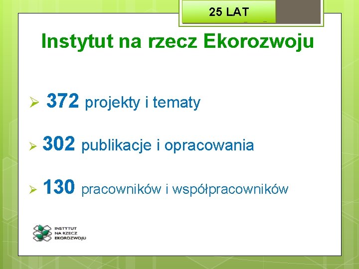 25 LAT Instytut na rzecz Ekorozwoju Ø 372 projekty i tematy Ø 302 publikacje