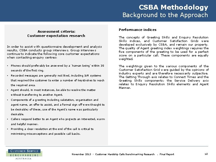 CSBA Methodology Background to the Approach Assessment criteria: Customer expectation research In order to