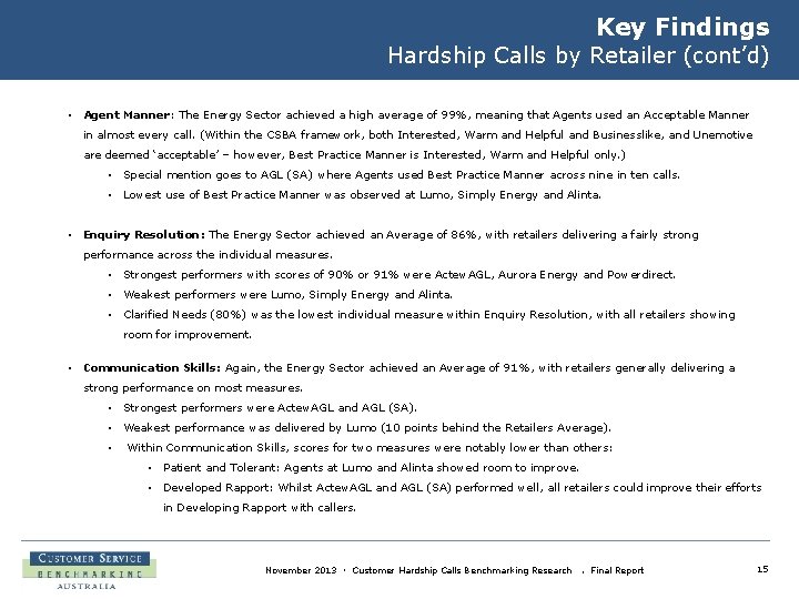 Key Findings Hardship Calls by Retailer (cont’d) • Agent Manner: The Energy Sector achieved