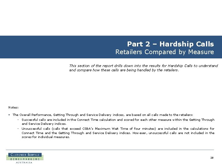 Part 2 – Hardship Calls Retailers Compared by Measure This section of the report