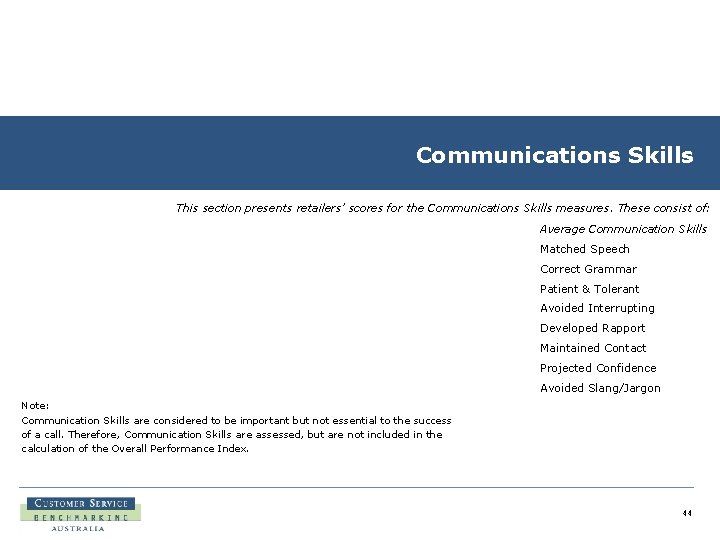 Communications Skills This section presents retailers’ scores for the Communications Skills measures. These consist