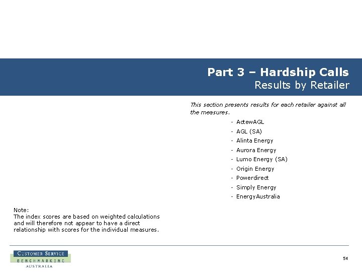 Part 3 – Hardship Calls Results by Retailer This section presents results for each