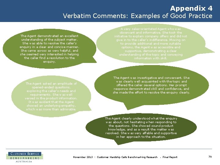 Appendix 4 Verbatim Comments: Examples of Good Practice The Agent demonstrated an excellent understanding