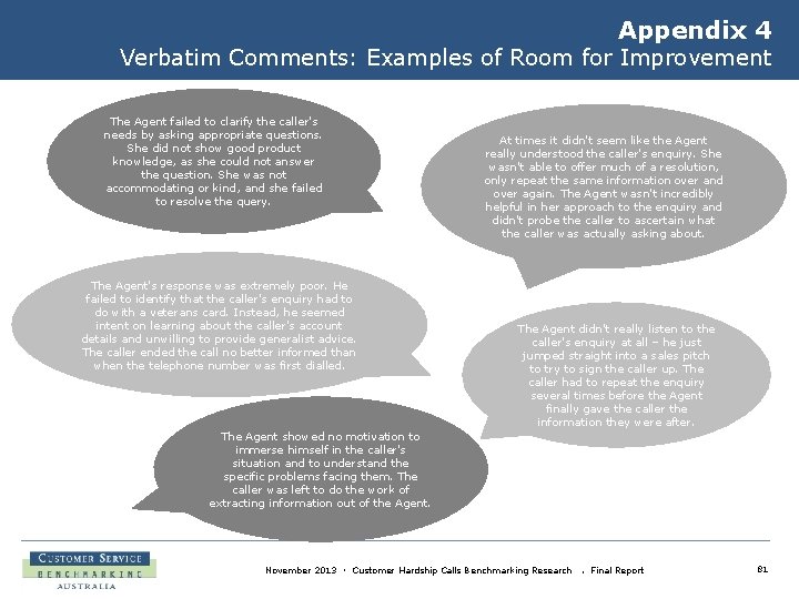 Appendix 4 Verbatim Comments: Examples of Room for Improvement The Agent failed to clarify