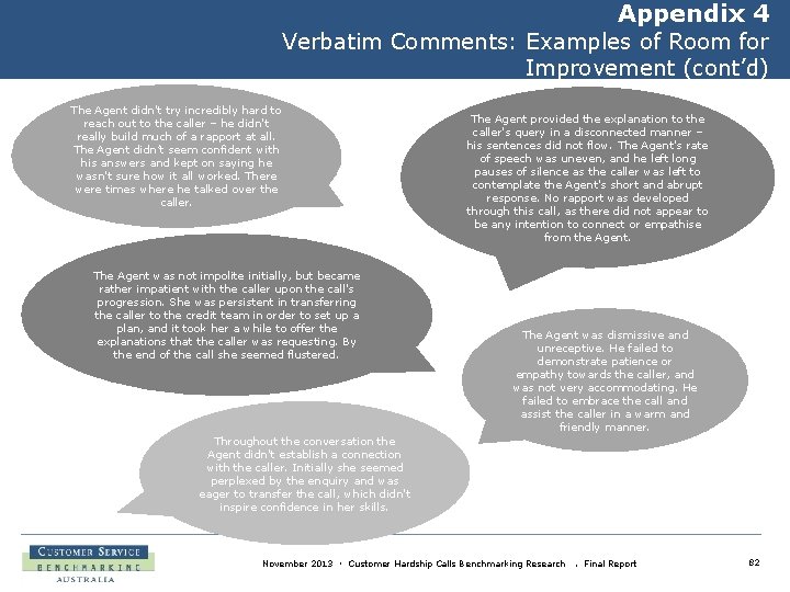 Appendix 4 Verbatim Comments: Examples of Room for Improvement (cont’d) The Agent didn't try