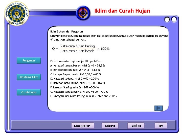 Iklim dan Curah Hujan Iklim Schamidt - Ferguson Schmidt dan Ferguson membagi iklim berdasarkan