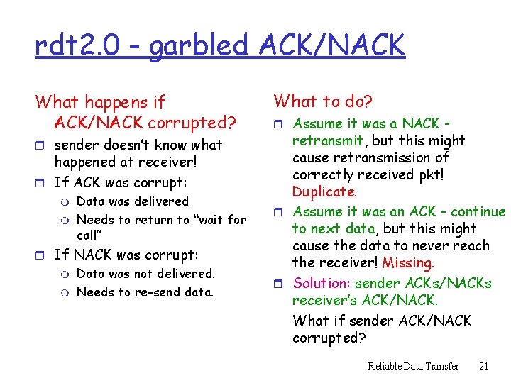 rdt 2. 0 - garbled ACK/NACK What happens if ACK/NACK corrupted? r sender doesn’t rdt 2. 0 - garbled ACK/NACK What happens if ACK/NACK corrupted? r sender doesn’t