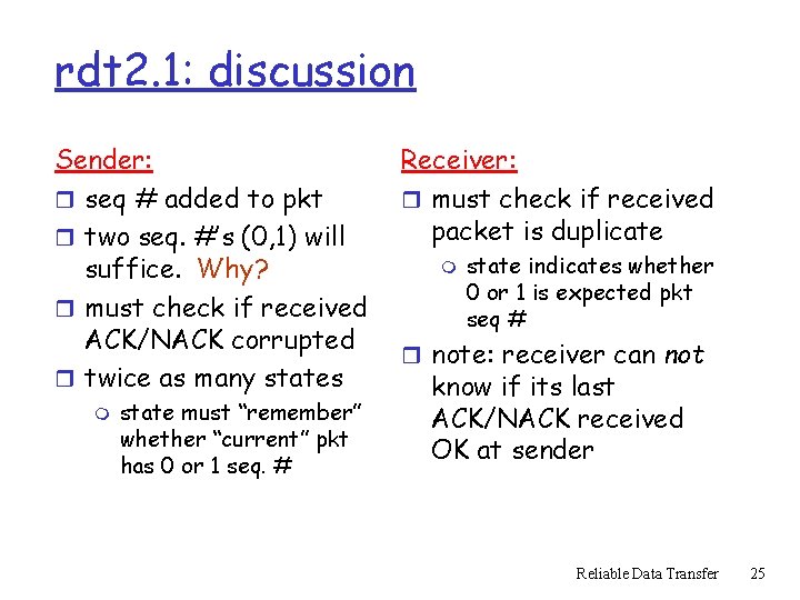 rdt 2. 1: discussion Sender: r seq # added to pkt r two seq. rdt 2. 1: discussion Sender: r seq # added to pkt r two seq.