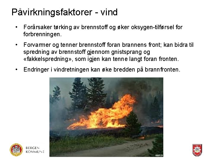 Påvirkningsfaktorer - vind • Forårsaker tørking av brennstoff og øker oksygen-tilførsel forbrenningen. • Forvarmer