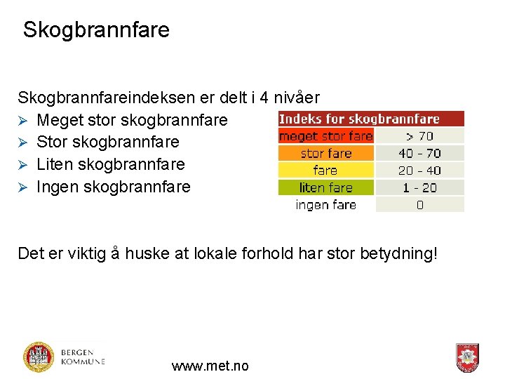 Skogbrannfareindeksen er delt i 4 nivåer Ø Meget stor skogbrannfare Ø Stor skogbrannfare Ø