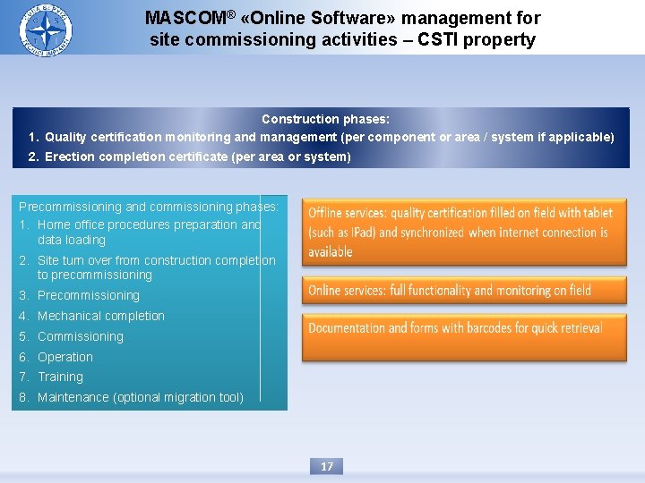 MASCOM® «Online Software» management for site commissioning activities – CSTI property Construction phases: 1.