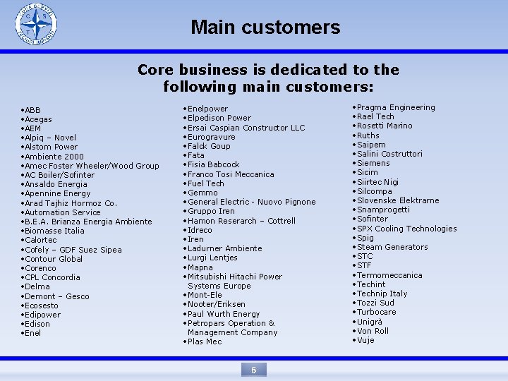 Main customers Core business is dedicated to the following main customers: • ABB •