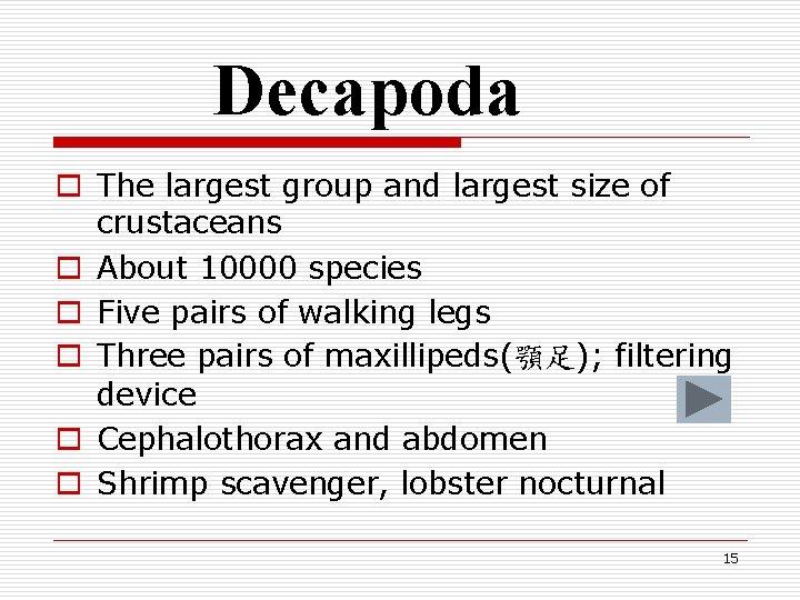 Decapoda o The largest group and largest size of crustaceans o About 10000 species