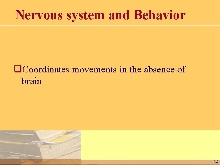 Nervous system and Behavior q. Coordinates movements in the absence of brain 62 