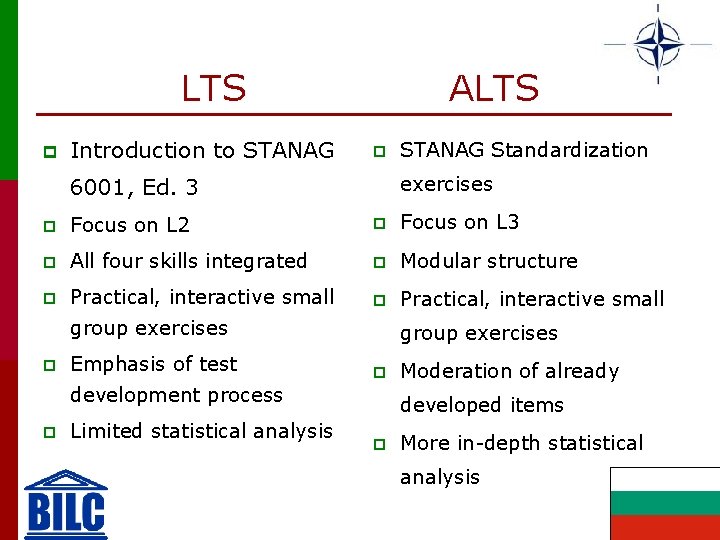 LTS p Introduction to STANAG ALTS p STANAG Standardization exercises 6001, Ed. 3 p