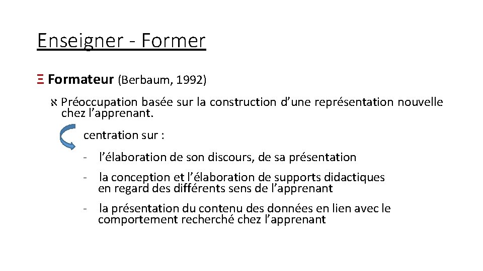 Enseigner - Former Ξ Formateur (Berbaum, 1992) א Préoccupation basée sur la construction d’une