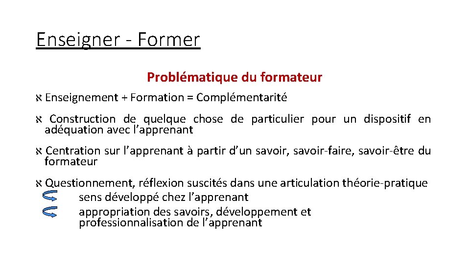 Enseigner - Former Problématique du formateur א Enseignement + Formation = Complémentarité א Construction