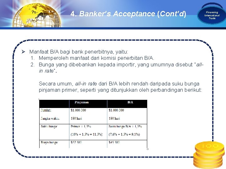 4. Banker’s Acceptance (Cont’d) Ø Manfaat B/A bagi bank penerbitnya, yaitu: 1. Memperoleh manfaat