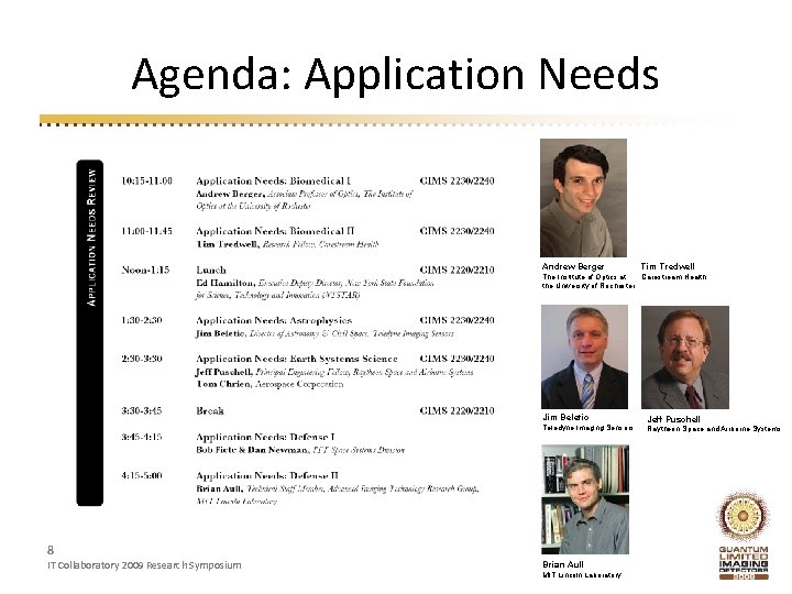Agenda: Application Needs Andrew Berger Tim Tredwell The Institute of Optics at Carestream Health