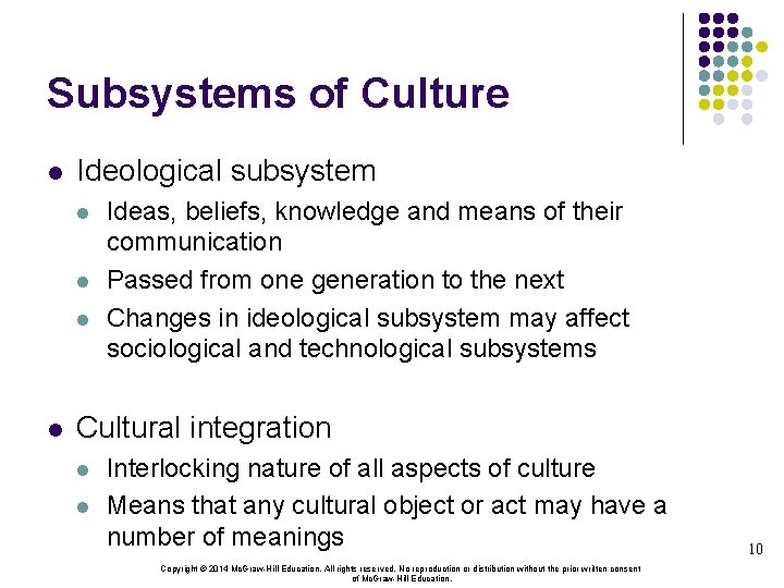 Subsystems of Culture l Ideological subsystem l l Ideas, beliefs, knowledge and means of