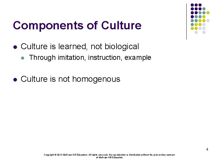 Components of Culture l Culture is learned, not biological l l Through imitation, instruction,