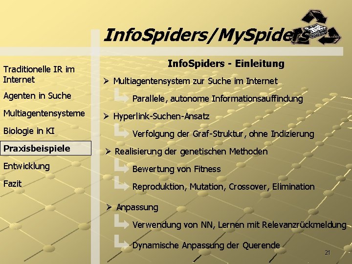 Info. Spiders/My. Spiders Traditionelle IR im Internet Agenten in Suche Multiagentensysteme Biologie in KI