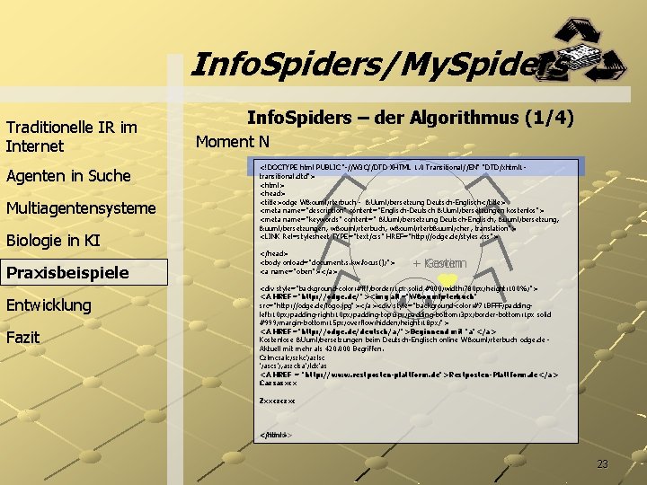 Info. Spiders/My. Spiders Traditionelle IR im Internet Agenten in Suche Multiagentensysteme Biologie in KI