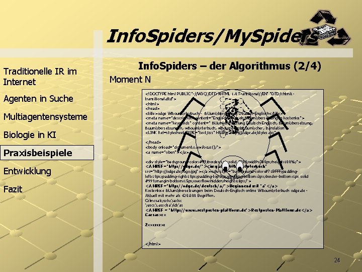 Info. Spiders/My. Spiders Traditionelle IR im Internet Agenten in Suche Multiagentensysteme Biologie in KI