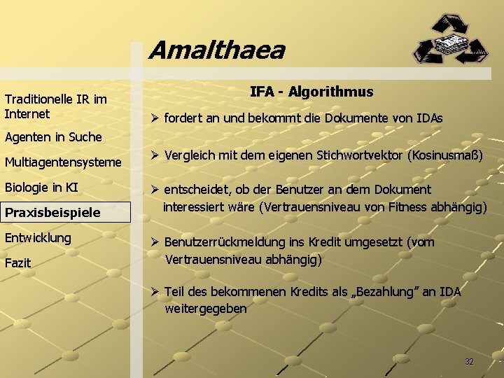 Amalthaea Traditionelle IR im Internet IFA - Algorithmus Ø fordert an und bekommt die