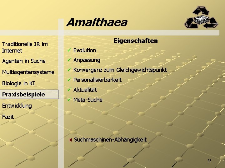 Amalthaea Eigenschaften Traditionelle IR im Internet ü Evolution Agenten in Suche ü Anpassung Multiagentensysteme