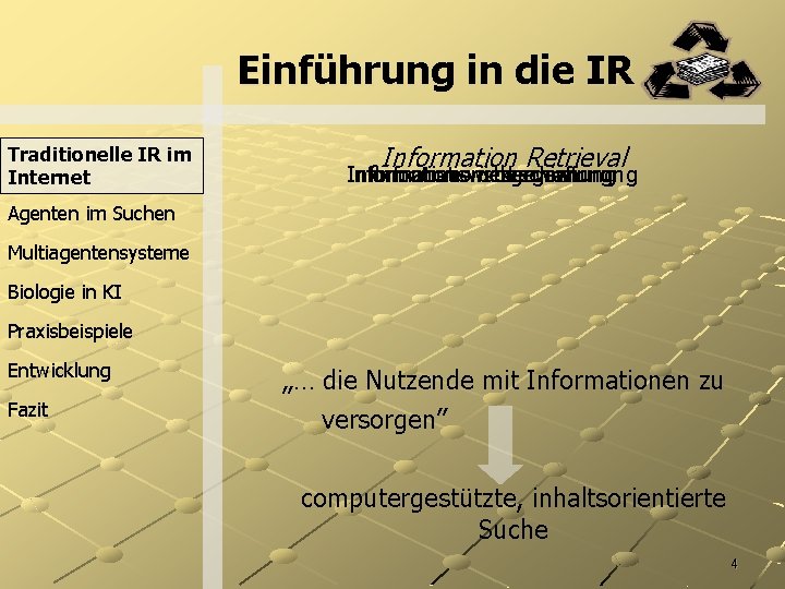 Einführung in die IR Traditionelle IR im Internet Information Retrieval Informationswiedergewinnung Informationsbeschaffung Informationsrückgewinnung Agenten