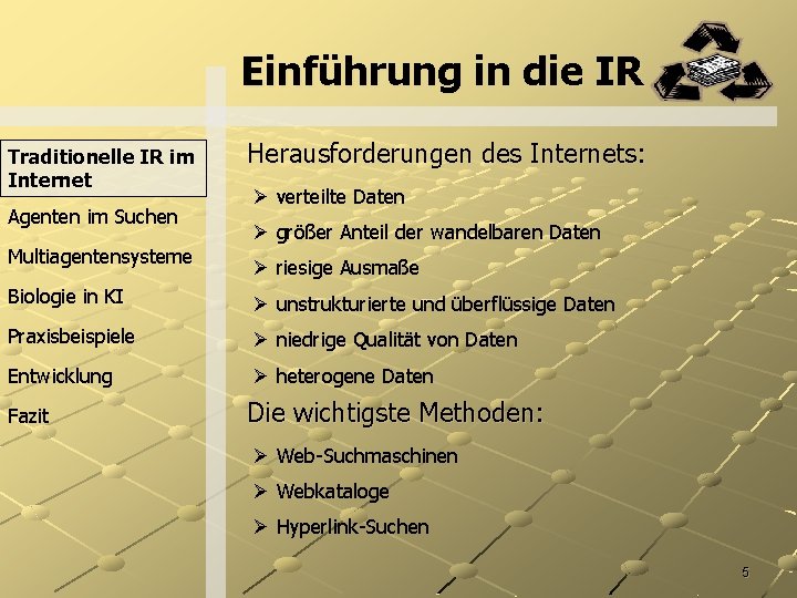 Einführung in die IR Traditionelle IR im Internet Agenten im Suchen Multiagentensysteme Herausforderungen des