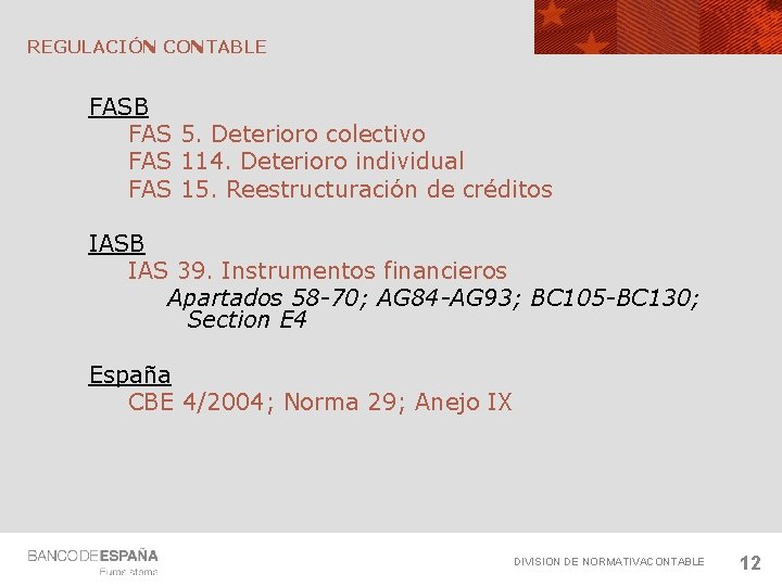 REGULACIÓN CONTABLE FASB FAS 5. Deterioro colectivo FAS 114. Deterioro individual FAS 15. Reestructuración