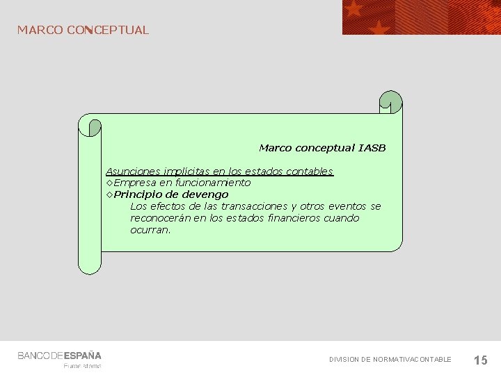 MARCO CONCEPTUAL Marco conceptual IASB Asunciones implícitas en los estados contables ◊Empresa en funcionamiento