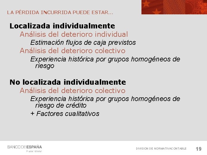 LA PÉRDIDA INCURRIDA PUEDE ESTAR… Localizada individualmente Análisis del deterioro individual Estimación flujos de