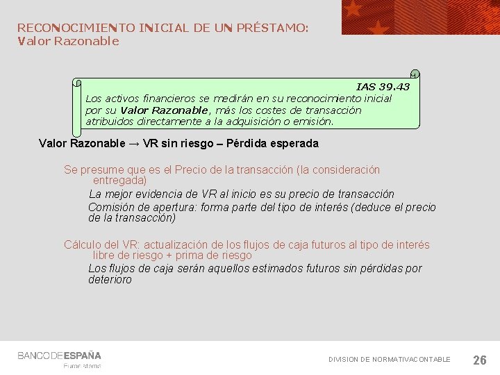 RECONOCIMIENTO INICIAL DE UN PRÉSTAMO: Valor Razonable IAS 39. 43 Los activos financieros se