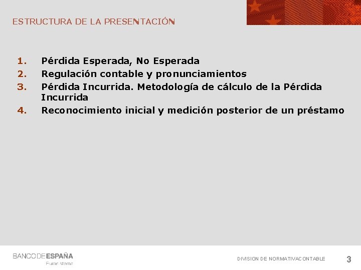 ESTRUCTURA DE LA PRESENTACIÓN 1. 2. 3. 4. Pérdida Esperada, No Esperada Regulación contable