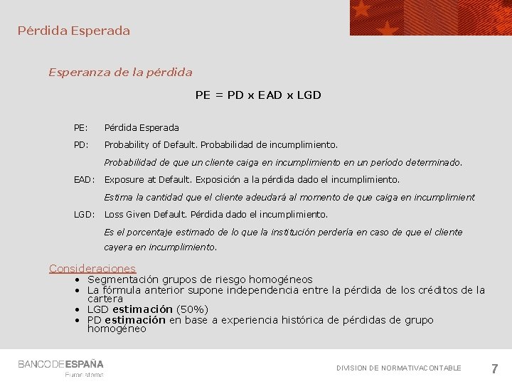 Pérdida Esperanza de la pérdida PE = PD x EAD x LGD PE: Pérdida