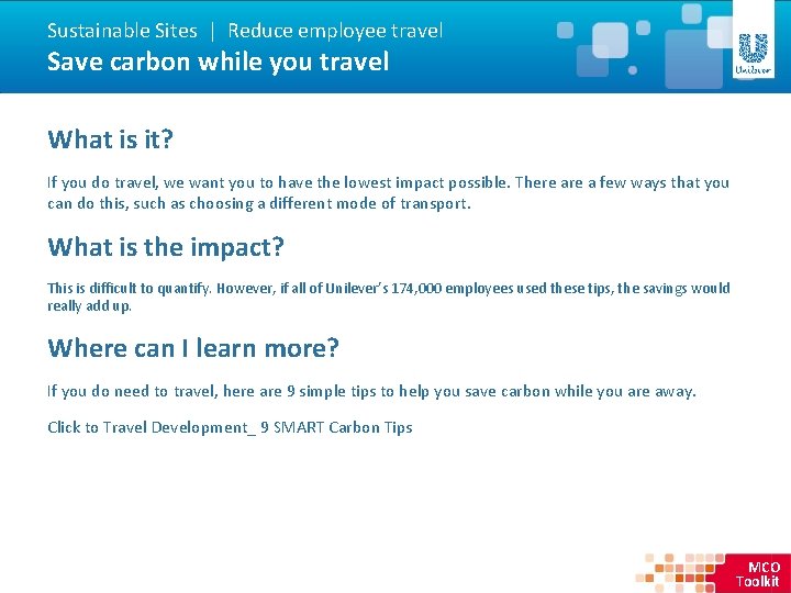 Sustainable Sites | Reduce employee travel Save carbon while you travel What is it?