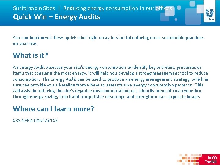 Sustainable Sites | Reducing energy consumption in our offices Quick Win – Energy Audits