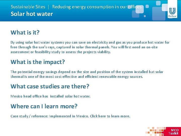 Sustainable Sites | Reducing energy consumption in our offices Solar hot water What is