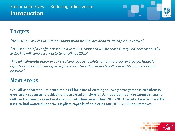 Sustainable Sites | Reducing office waste Introduction Targets "By 2015 we will reduce paper