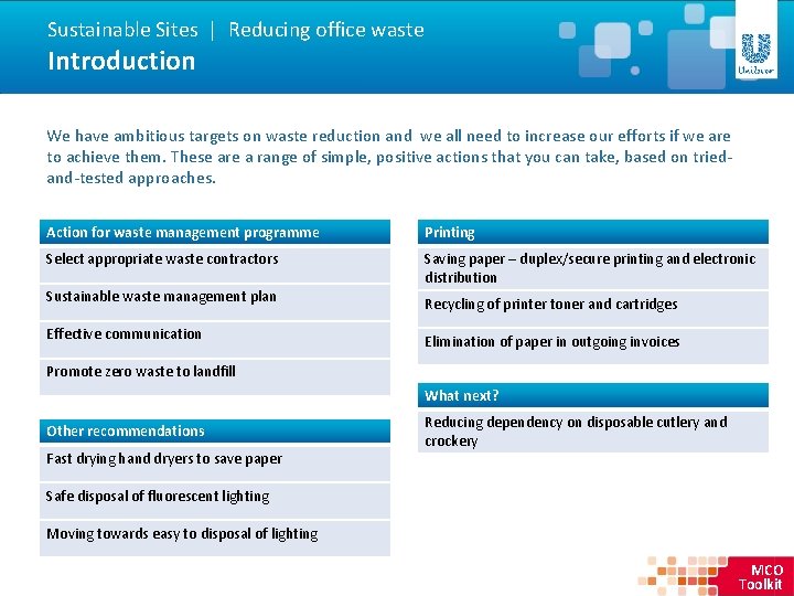 Sustainable Sites | Reducing office waste Introduction We have ambitious targets on waste reduction