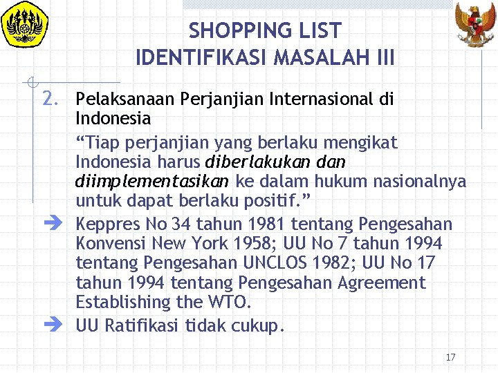 SHOPPING LIST IDENTIFIKASI MASALAH III 2. Pelaksanaan Perjanjian Internasional di Indonesia “Tiap perjanjian yang