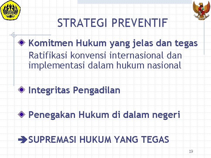 STRATEGI PREVENTIF Komitmen Hukum yang jelas dan tegas Ratifikasi konvensi internasional dan implementasi dalam